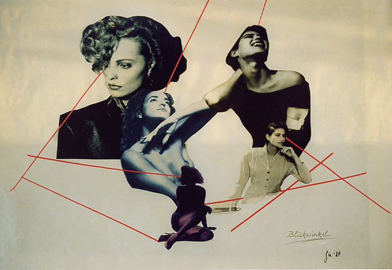 Collage „Blickwinkel“ mit Frauenfiguren und roten Linien