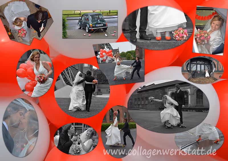 Fotocollage aus Hochzeitsfotos auf rotem Hintergrund
