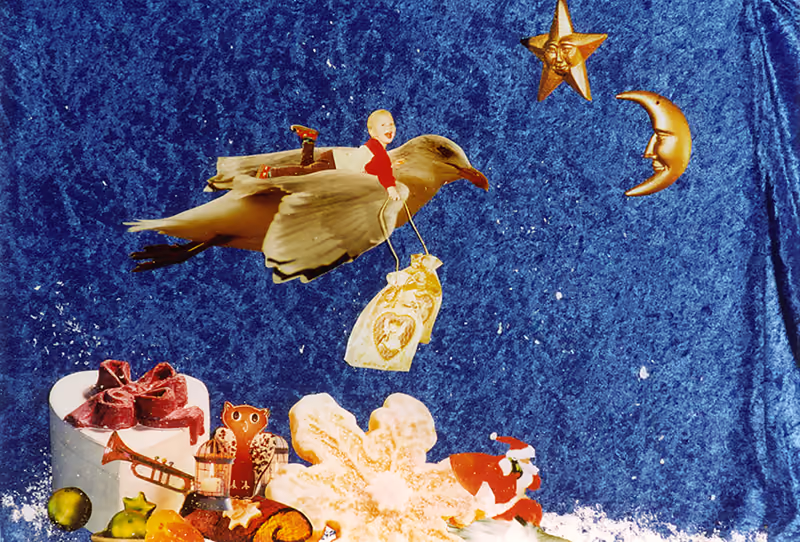 Geklebte Weihnachtskarte mit Vogel, Mond und Sternen