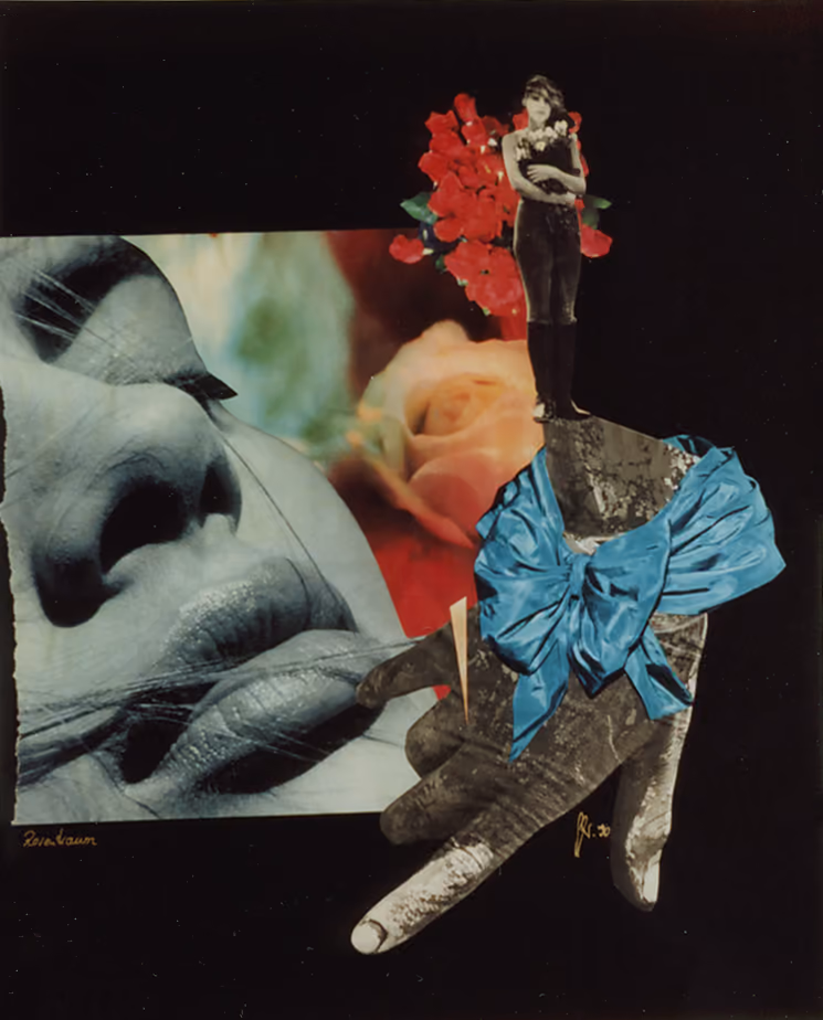 Collage aus Zeitschriftenausschnitten mit Gesicht, Hand, Rosen und blauer Schleife